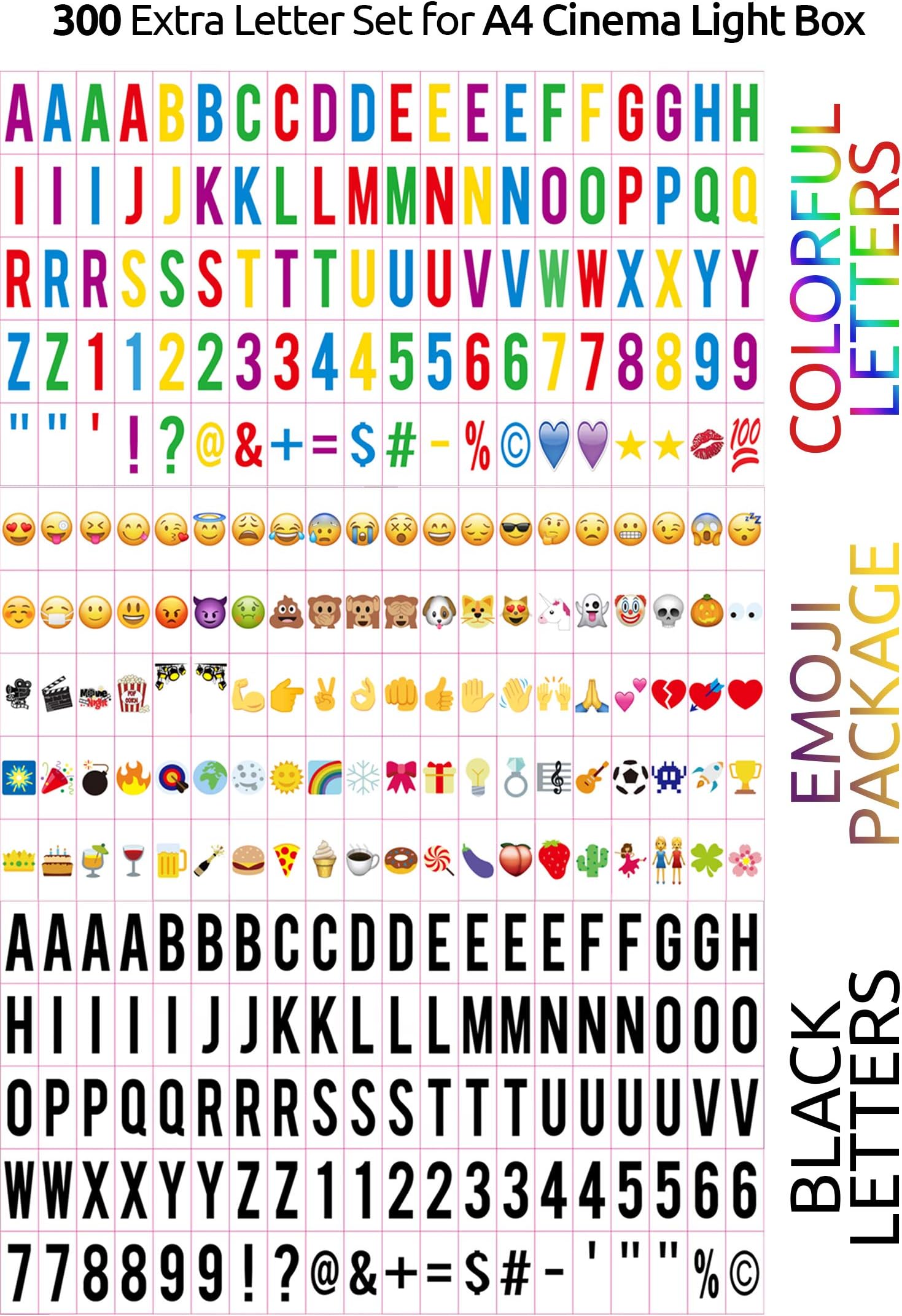 Extra 300 Black Letters, Colour Letters, Emojis and Special Decorative Symbols for Use with A3, A4 Cinema Light Up Box