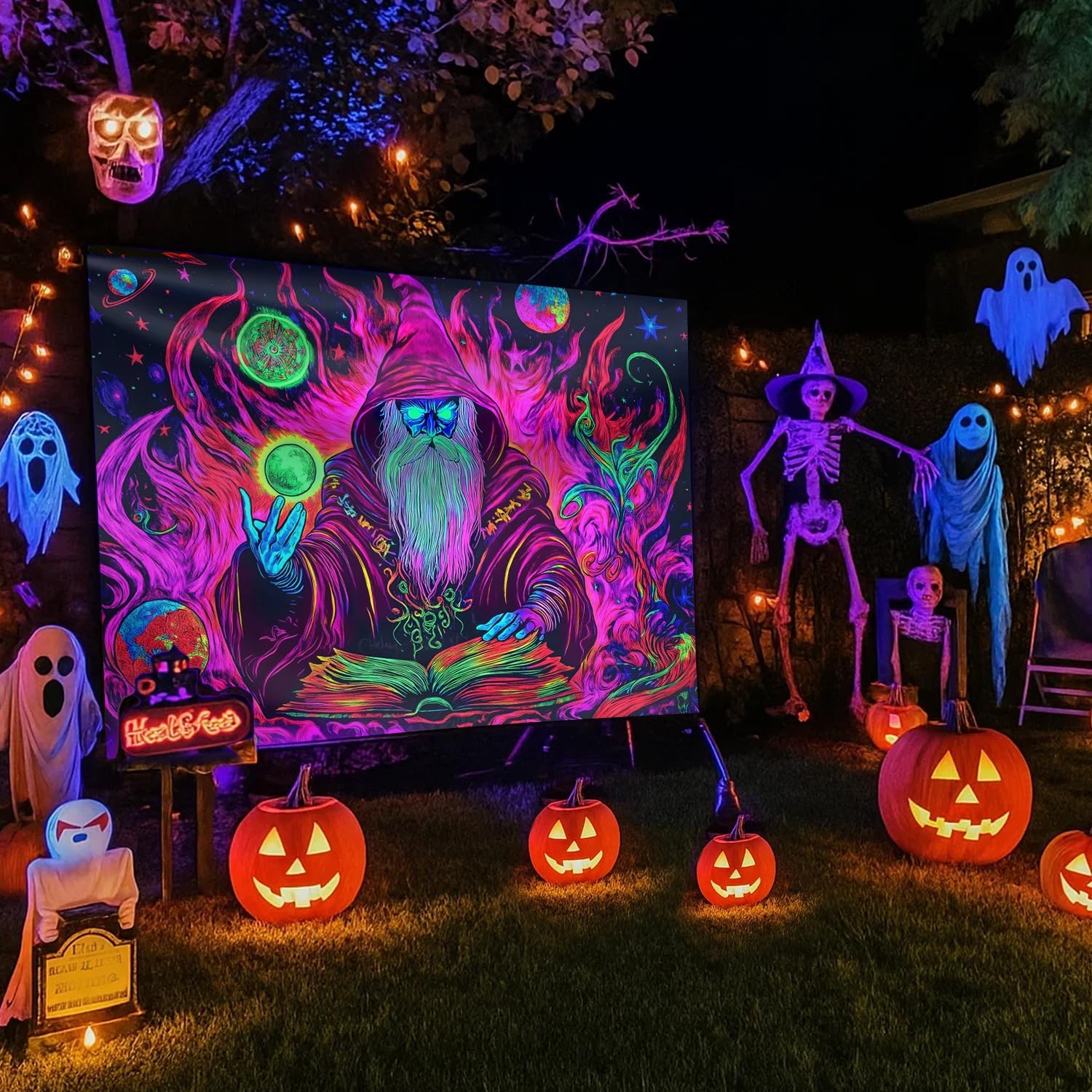 BSFHH Black Light Tapestry – UV Reactive Glow in the Dark Wall Hanging, Spooky Night Scene with Ghosts & Pumpkins, Haunting Home Decor for Parties, Bedroom, or Dorm (Warlock, 90L x 70W, Unframed)