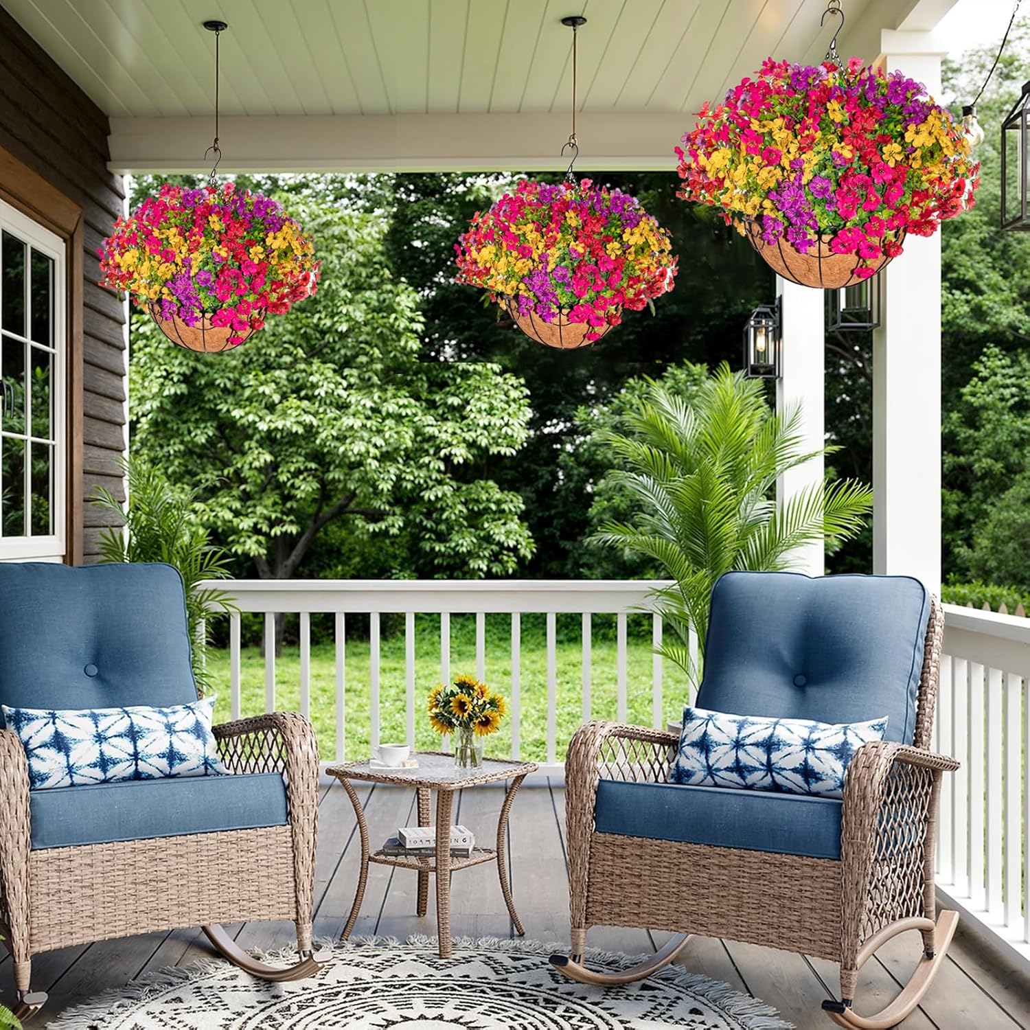 Artificial Hanging Flower Basket – 2 Pack Outdoor Faux Daisy Hanging Baskets with Coconut Liner, UV Resistant for Porch, Patio, Garden, Window