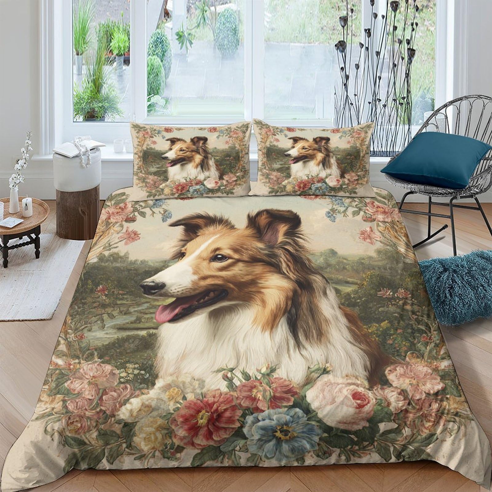 Ctjqhvkz Style-4 3D Printed Collie Floral Fitted Sheet Microfiber Bedroom Decor Dog Bed Cover Breathable Machine Washable Mattress Protection Single（135X200cm）