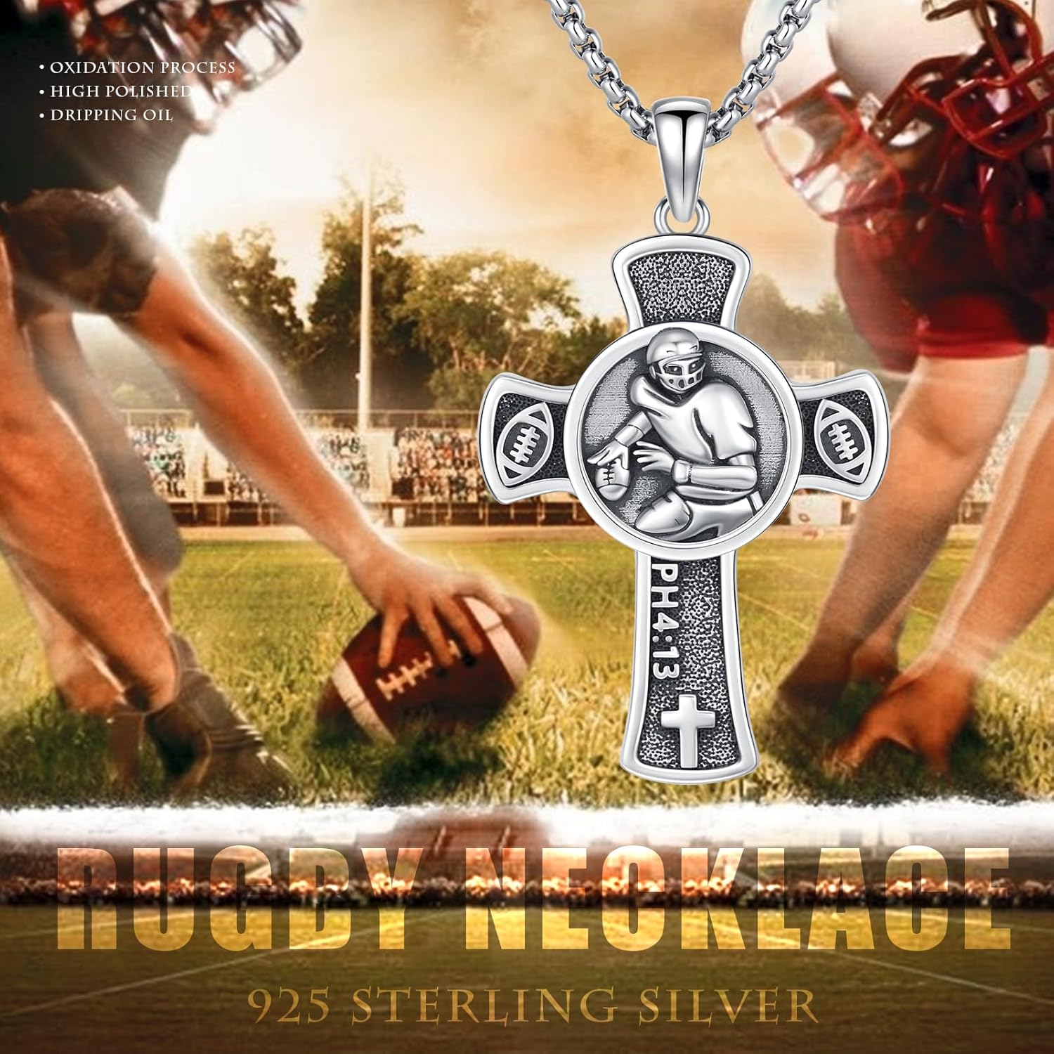 Football Cross Necklace 925 Sterling Silver Rugby Crosses Necklace Football Cross Pendant Sport Jewelry for Men Women - Image 6