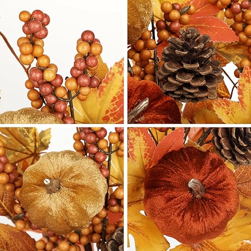 Miniatura 3 de Briful Paquete de 2 púas y aerosoles de otoño de 16 pulgadas con calabazas de terciopelo, piñas, bayas, hojas de arce, ramas florales artificiales