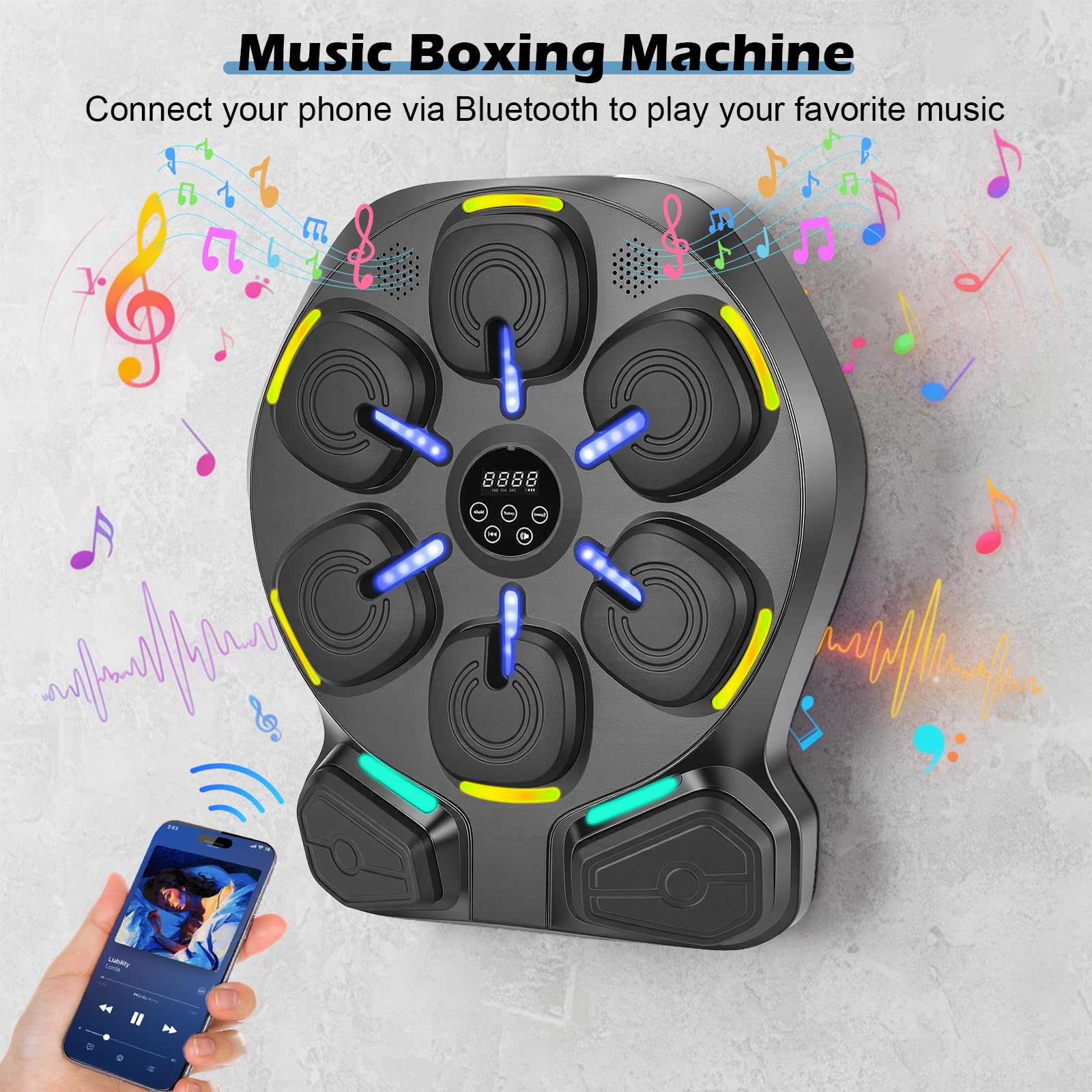 Macchina da boxe con musica, montaggio a parete, 9 modalità e 9 livelli di velocità, allenatore musicale con illuminazione a LED e Bluetooth, guantoni da boxe, per casa, ufficio e palestra