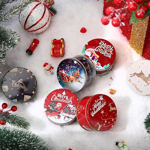 Miniatura 4 de Ziliny 12 cajas de regalo de lata de Navidad, latas de galletas de Navidad, cajas de metal con tapas para recuerdos de fiesta, velas de bricolaje,