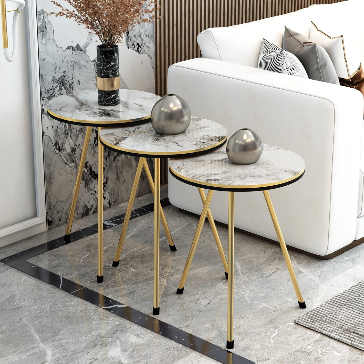 4 Piece Living Room Table Set, SUNRISE HOME DECOR - 1 Coffee Table and 3 Nesting Tables, NO-Tools Assembly (Ellipse Coffee Table/Round Nesting Tables) (White Marble/Gold) : Home & Kitchen