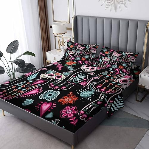 Day of The Dead - Juego de sábanas de tamaño King, sábanas de gato, sábanas y fundas de almohada estampadas de 4 piezas, sábana bajera ajustable de