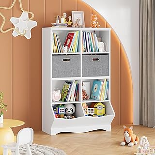 HOCSOK Kid‘s Toy Storage Unit, Children\'s Toy Box Organiser with 8 Shelves and 2 Fabric Drawers, Large Bookshelf Rack Cabinet for Nursery, Kindergarten, Playroom, White, 116 x 67 x 40 cm
