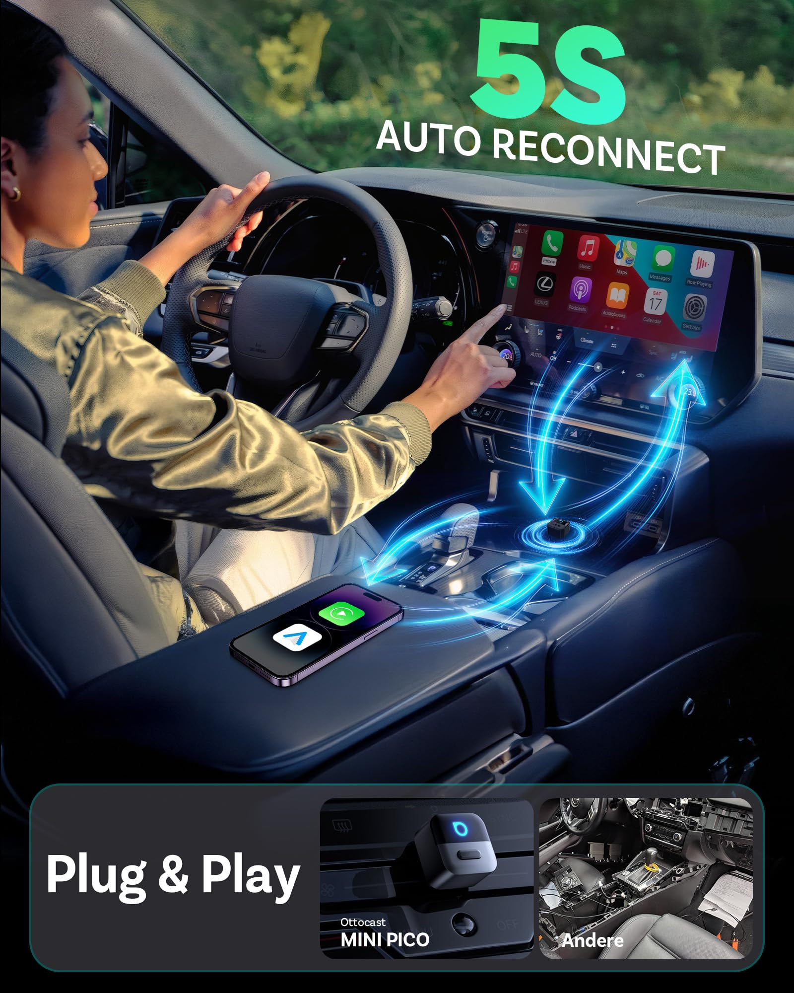 OTTOCAST Mini Pico 2026 CarPlay & Android Auto Wireless Adapter, Smart Button, 5–8s Auto Connect, Plug & Play, USB-A/USB-C, OTA-Update, Wandelt Kabelgebunden in Kabellos um (iOS 10+/Android 11+)