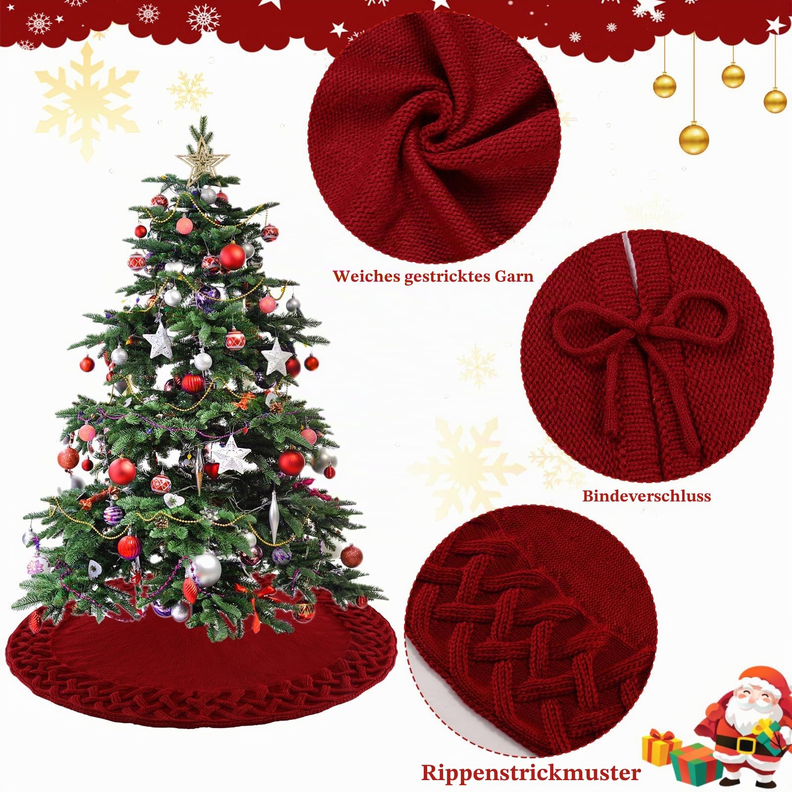 Dremisland Große Weihnachtsbaum Decke Rock 122cm Rot Gestrickter Weihnachtsbaumdecke Tannenbaum Teppich Christbaumständer Runde Christbaumdecke Rock Matte Baumdecke Christbaumschmuck Weihnachtsdeko