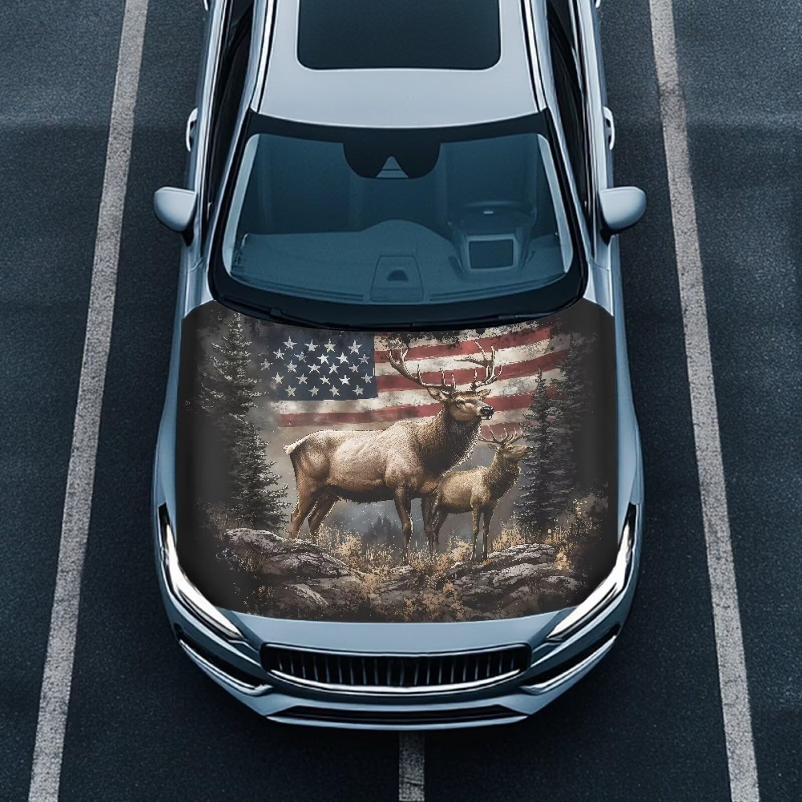 Qiyupavto Deer American Flag Hood Cover for Car SUV Sedan Truck Waterproof Elastic Polyester Car Hood Protector Patriotic