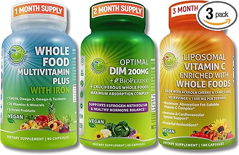 SUPPLEMENTS STUDIO Hormone Balance Support & Immune Defense Bundle for Men & Women - Optimal DIM 200mg + Whole Food Multivitamin with Iron + Liposomal Vitamin C 1500mg â€“ Vegan, Non-GMO
