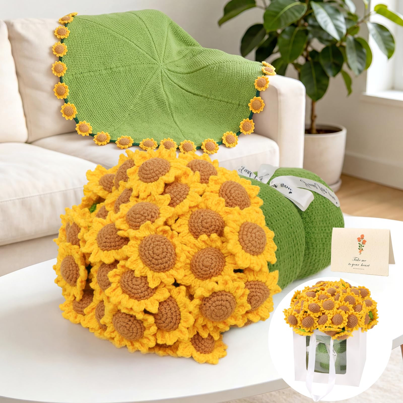 Sunflower Gifts for Women, Crochet Sunflower Bouquet Blanket, 31 Inches