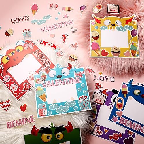 Miniatura 7 de Ferraycle 30 paquetes de regalos para el día de San Valentín para niños, 30 marcos de fotos y 12 calcomanías, kit de manualidades de marco de fotos