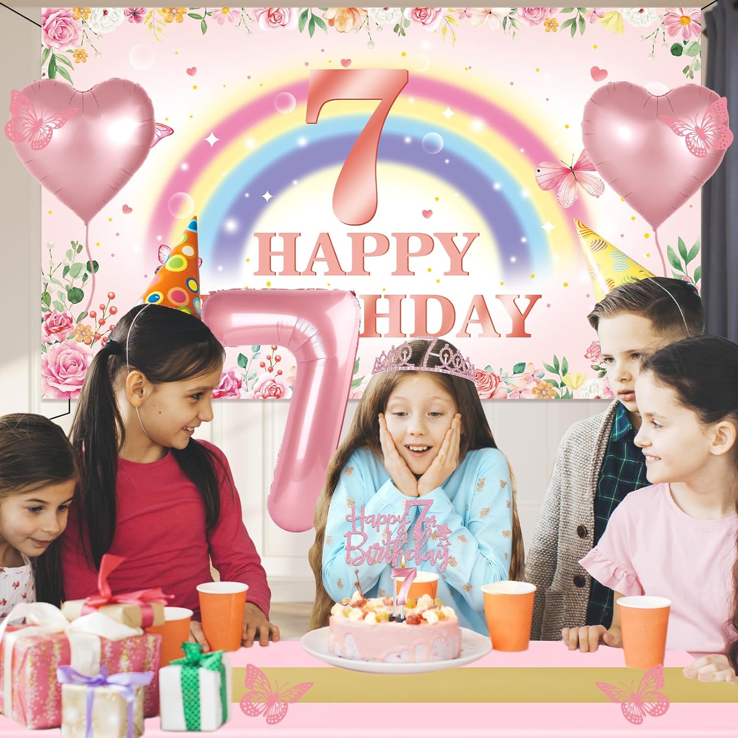 7th Birthday Decorations for Girls, 47pcs Pink Flower Rainbow Banner, Tablecloth, Butterfly Decor, 7th Birthday Sash and Tiara, Cake Topper, Candles, Balloons Arch