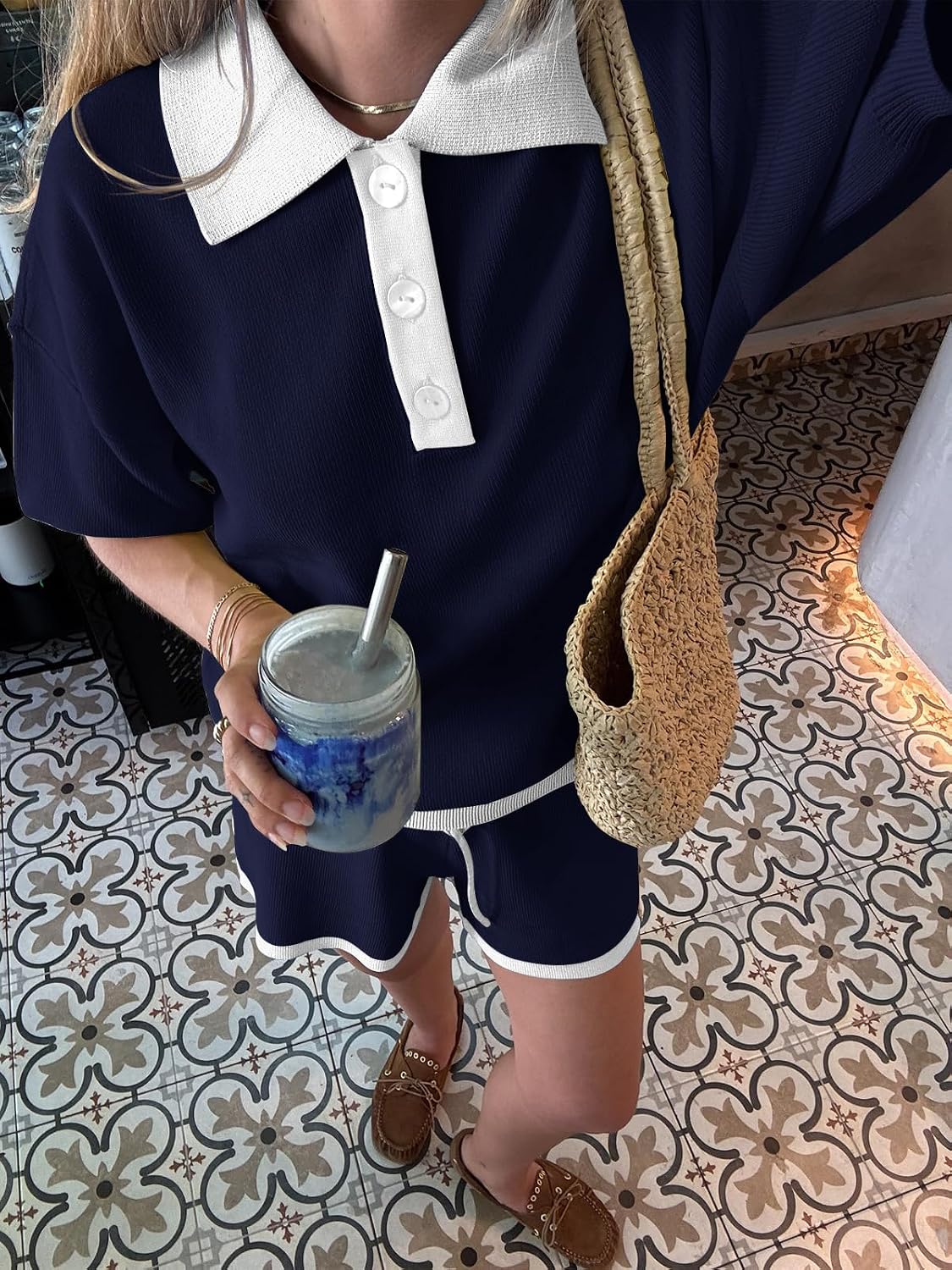 Tankaneo Womens 2 Piece Sweater Short Sets 2026 Summer Vacation Outfits Short Sleeve Knit Collared Tops Matching Lounge Set