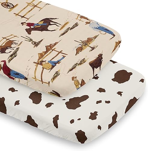 Miniatura 7 de Sweet Jojo Designs Sábana bajera para cuna portátil con estampado de vaca marrón para la colección Western Wild West  para mini cuna o paquete y