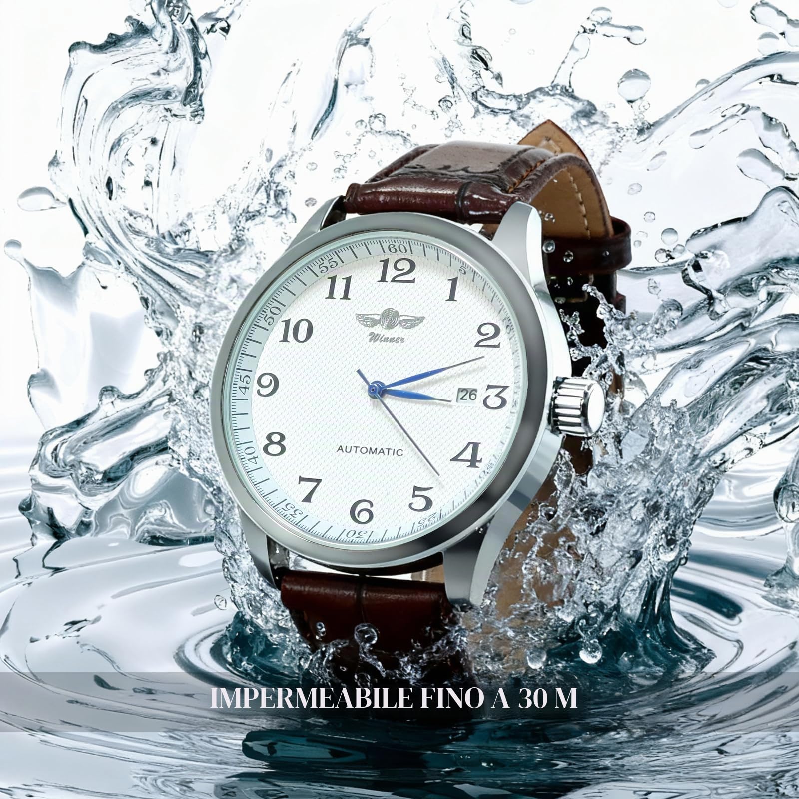 GuTe Mechanical - Orologio meccanico classico con quadrante bianco e lancette blu, da uomo, cinturino in PU, orologio automatico