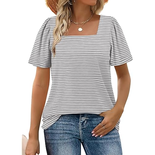 WIHOLL Womens Summer Tops Casual Square Neck Puff Short Sleeve T Shirts