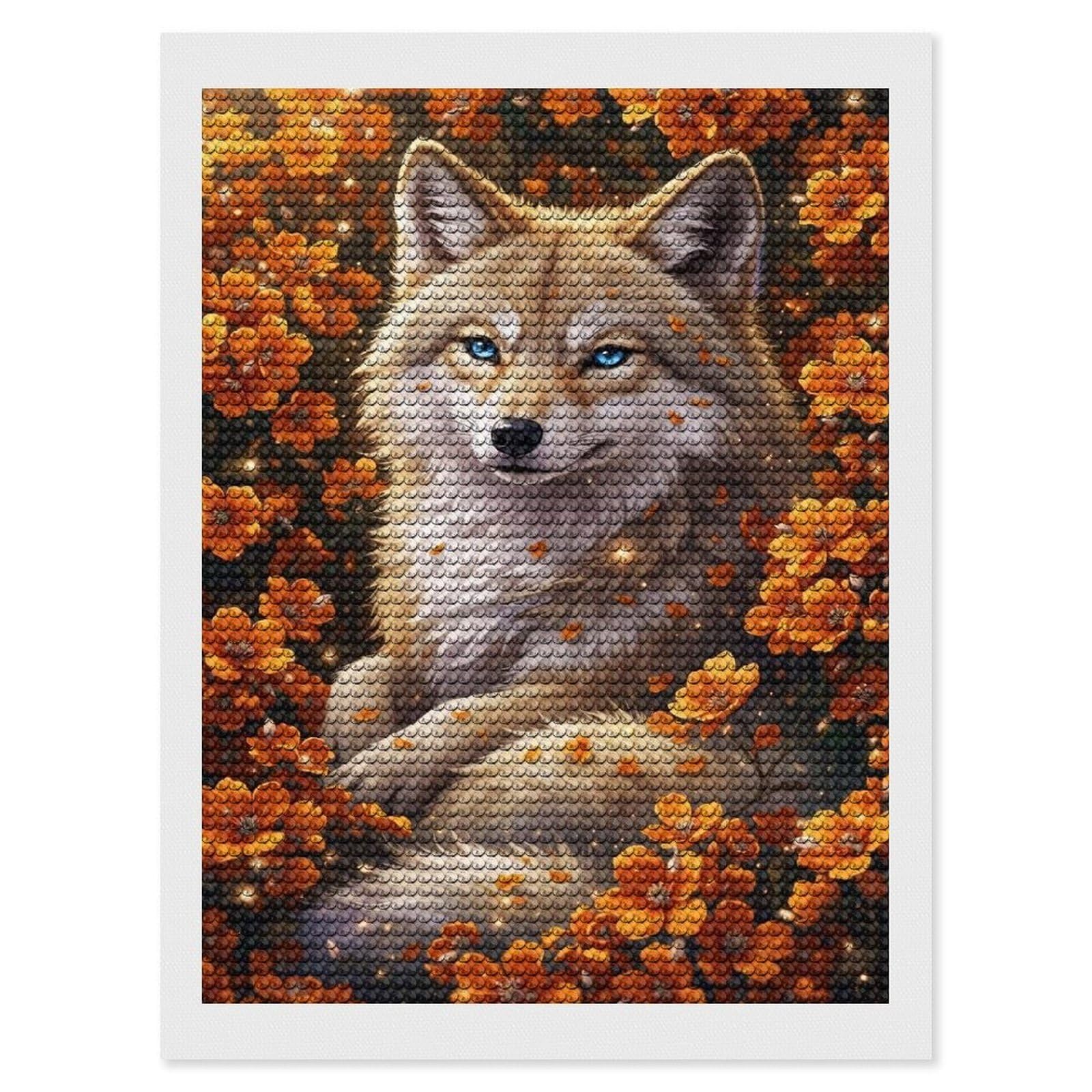 Junmoney Wolf Among Marigold Blooms Full Drill Diamond Painting Kit 12"x16", Mindful Craft Activity, Bedroom Decor, for Adults, Gift Idea