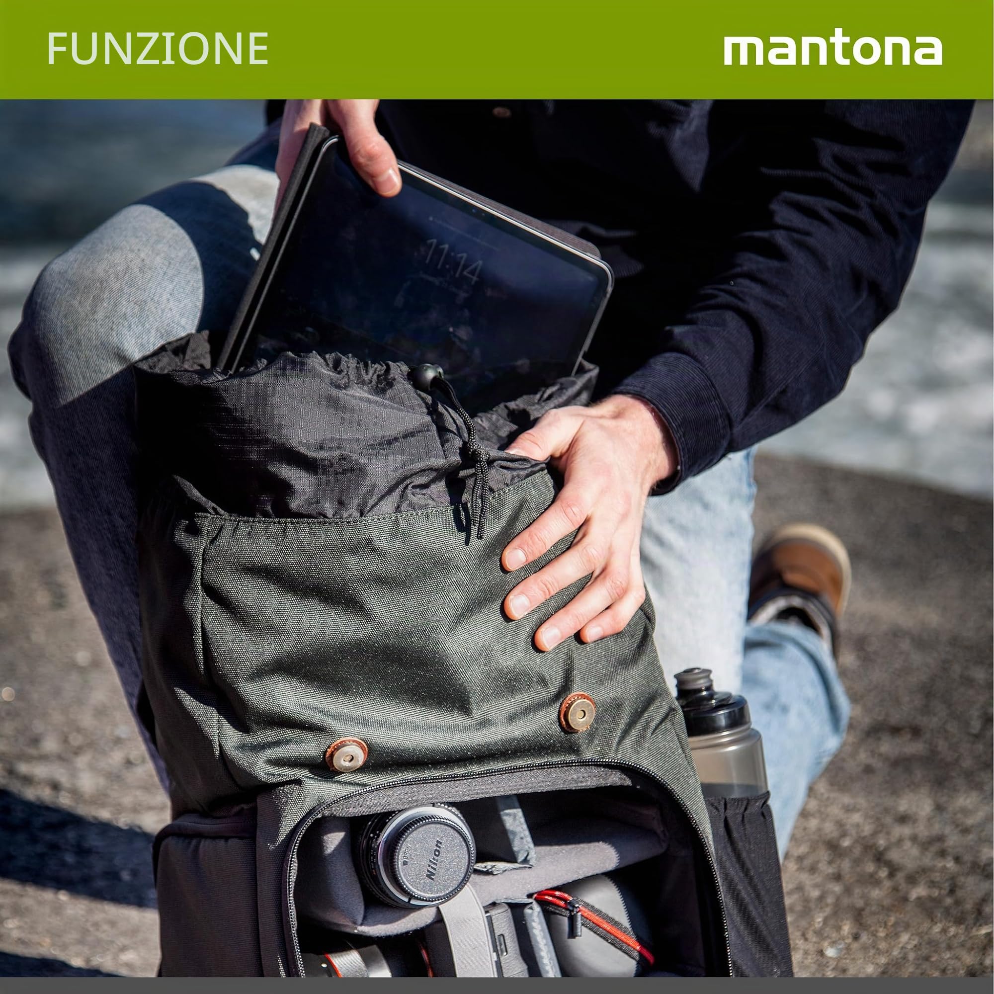 Mantona Luis junior Retrò Zaino fotografico verde con pelle, per fotocamera con protezione antipioggia, Borsa da fotografo con scomparto laptop, per 1 DSLR, 1-2 obiettivi e vari accessori fotografici