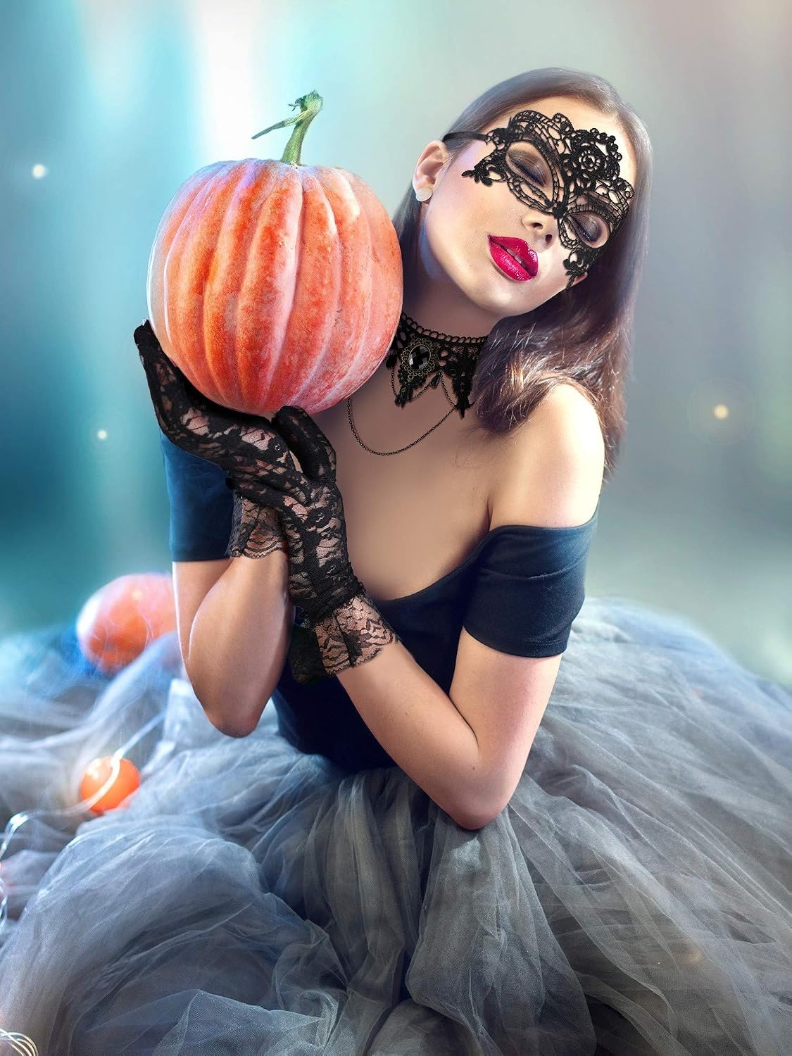 Boao Halloween Masquerade Costume Set for Women, Lace Masquerade Mask Gloves Gothic Choker Necklace Cosplay Accessories