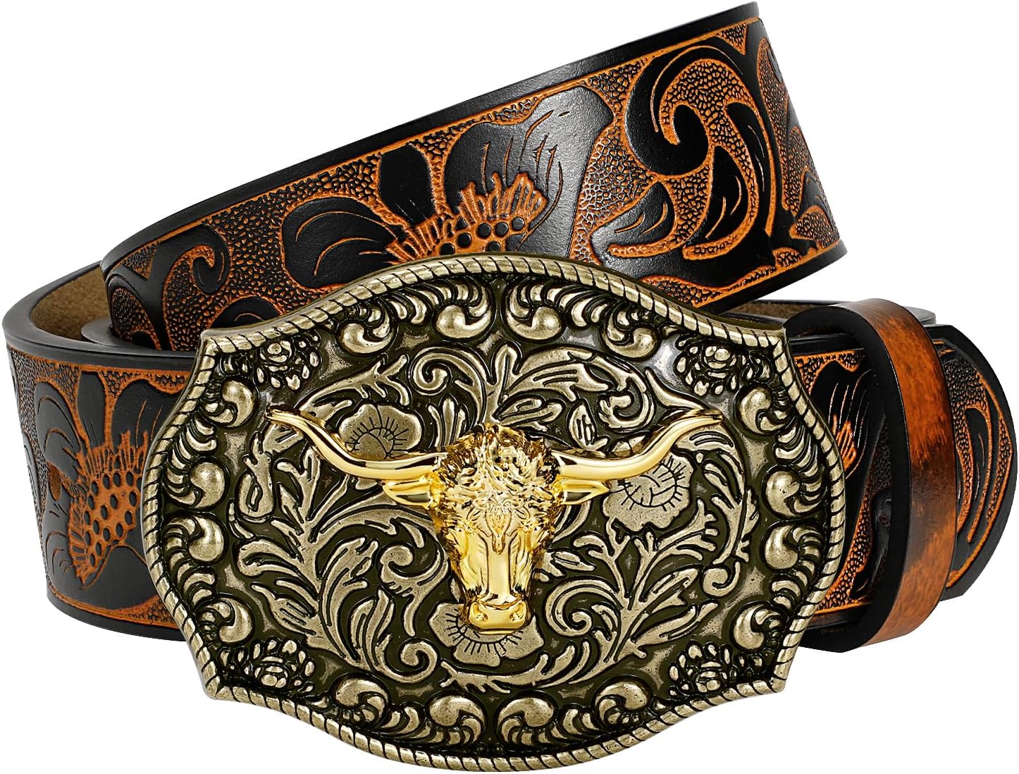 TRIWORKS Men's Western cowboy belt Classic embossed leather belts with Printed Engraved Buckle