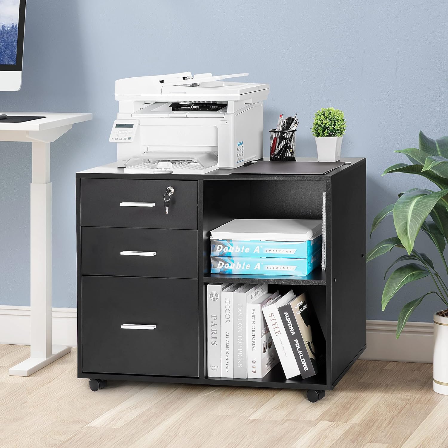 VIVOHOME Mobile File Cabinet with Open Storage Shelves, Rolling Printer Stand with Drawers, for A4 or Letter Size Hanging File Folders, Black : Office Products