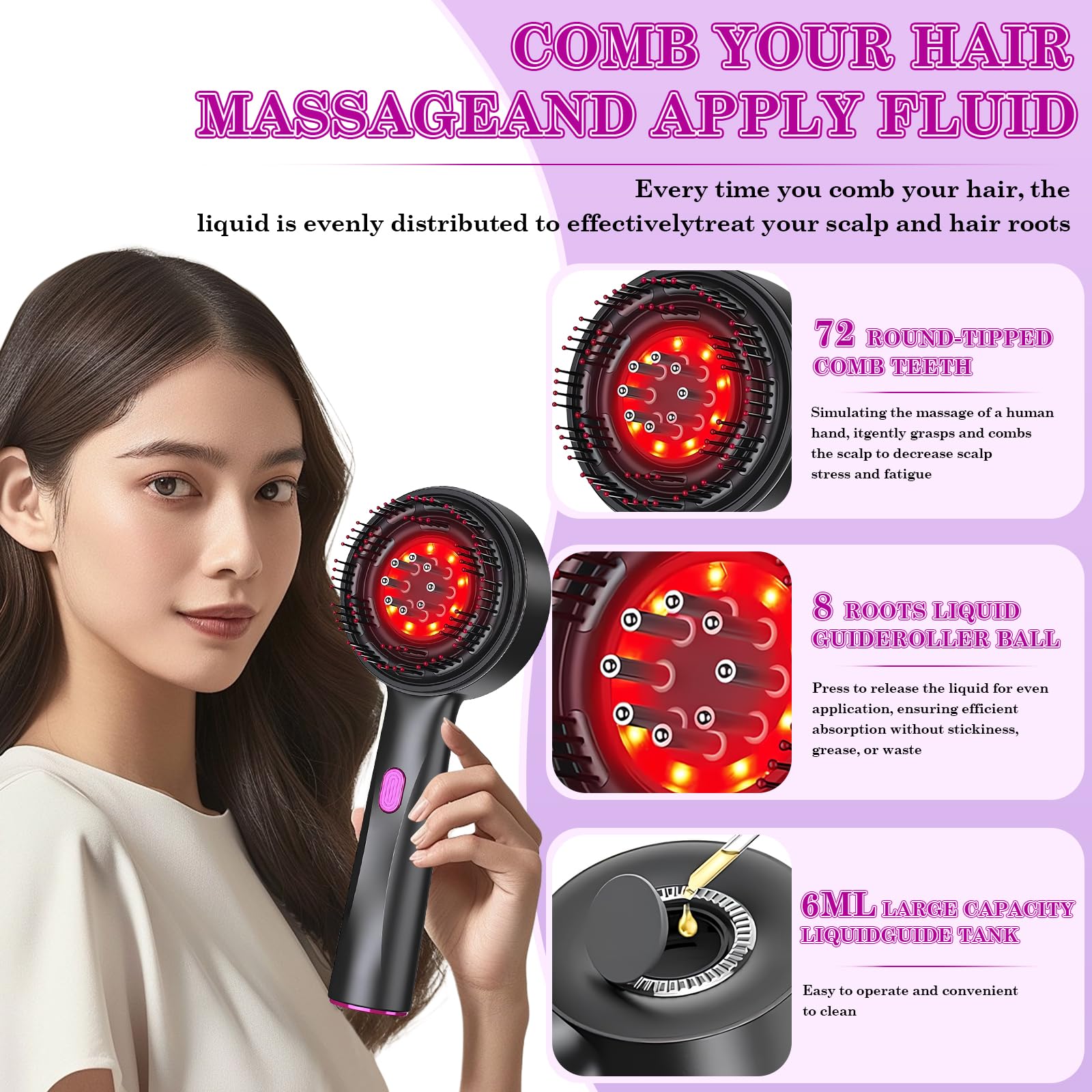 Brosse de massage électrique cuir chevelu, applicateur d'huile capillaire lumière rouge