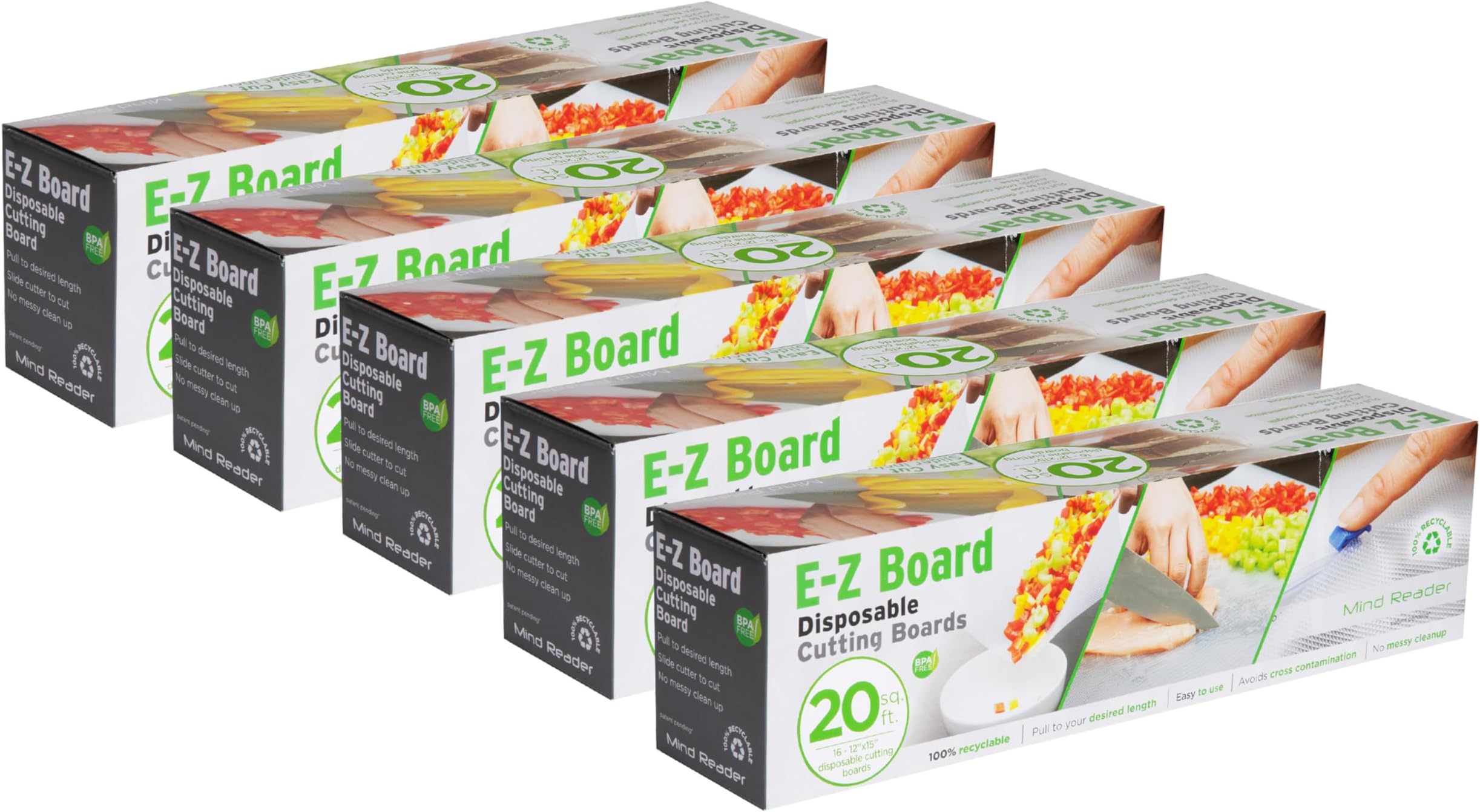 E-Z Board Disposable Plastic Cutting Board, Flexible, 20 sf, Camping, 13.75"L x 3.125"W x 3.75"H, 5 Pack, Clear