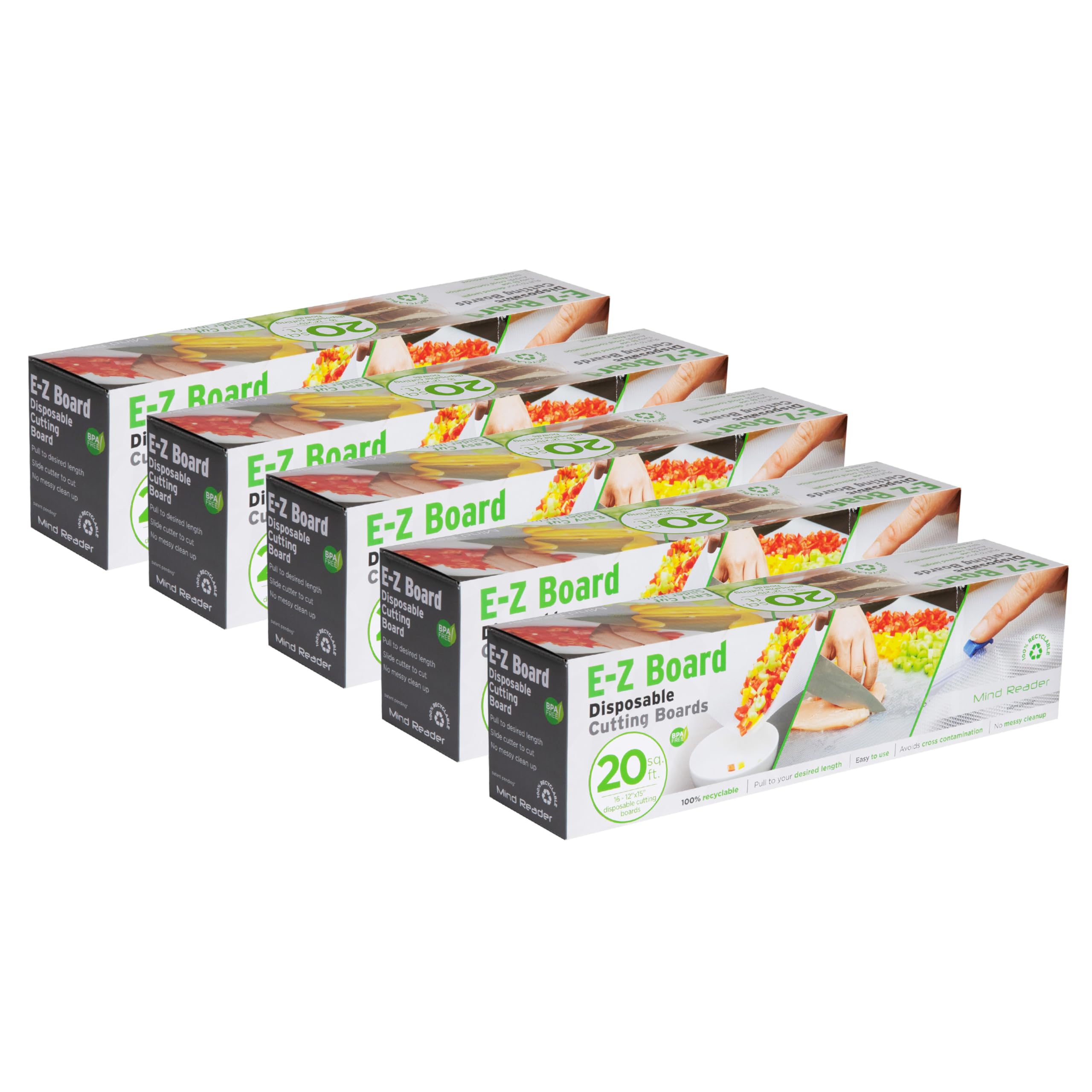 E-Z Board Disposable Plastic Cutting Board, Flexible, 20 sf, Camping, 13.75"L x 3.125"W x 3.75"H, 5 Pack, Clear