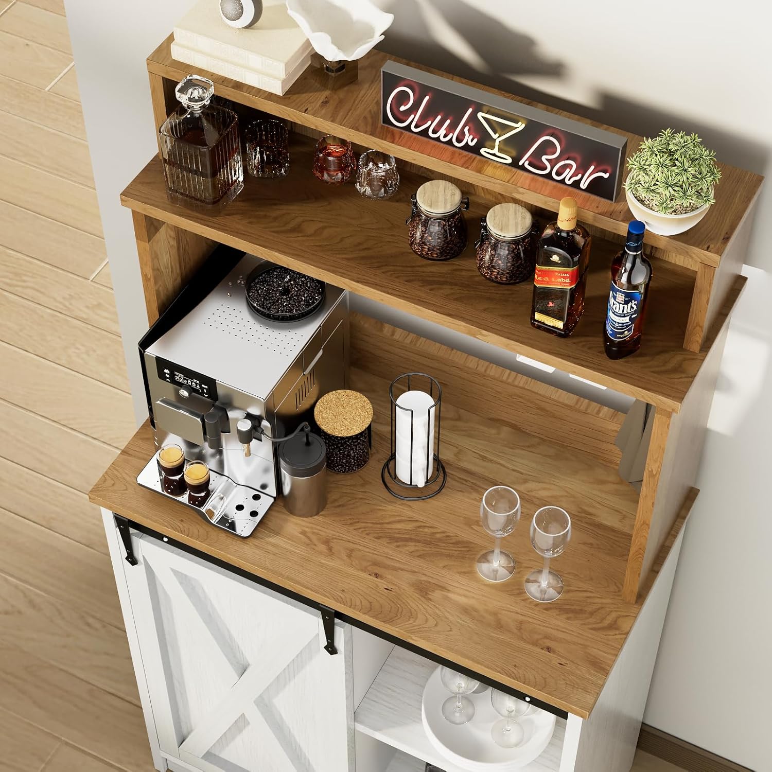 31inch Farmhouse Coffee Bar Cabinet, Small Coffee Bar Table with 3-Tier Hutch, Sliding Barn Doors, White Coffee Station Organizer for Kitchen Dining Room