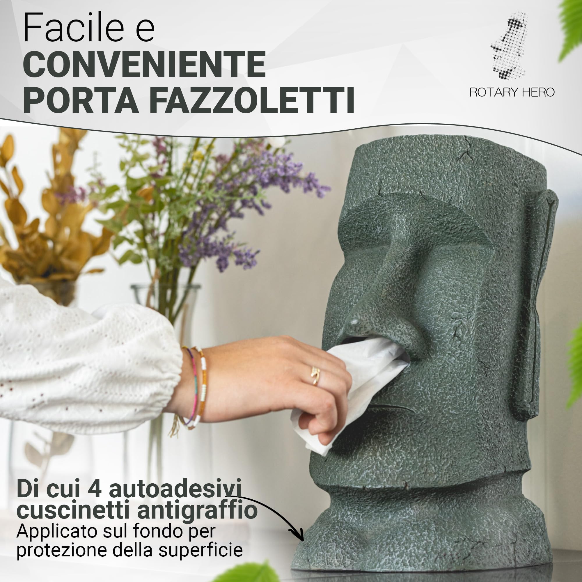 Rotary Hero Moai Dispenser di fazzoletti - Scatola per fazzoletti con figura Moai facciale - Porta fazzoletti decorativo per la casa - 18 x 14,5 x 32 cm