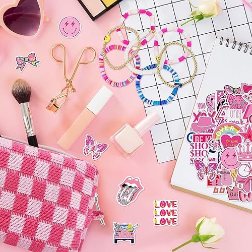 Miniatura 7 de Set de bolsa de maquillaje a cuadros Preppy con 7 pulseras Heishi y 50 pegatinas rosas, linda bolsa de viaje para cosméticos, regalos perfectos para