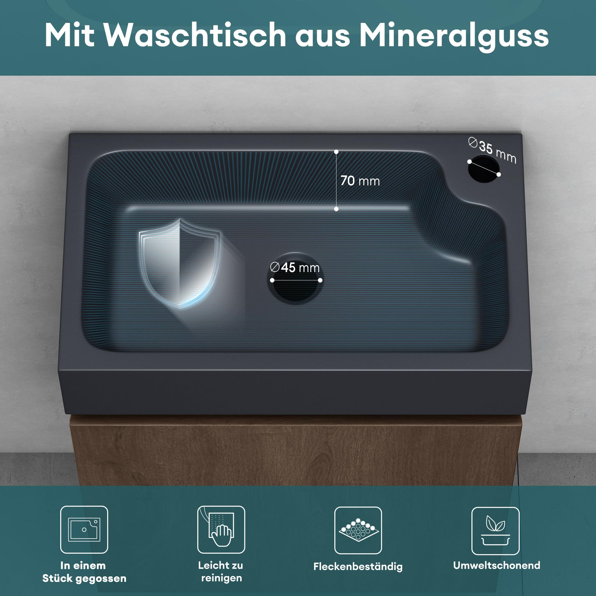 Mai & Mai Mueble de Baño con Lavabo 46x26x63 cm – Suspendido, Mármol Fundido Antracita Mate, Acabado Roble Stirling, con Espacio de Almacenaje