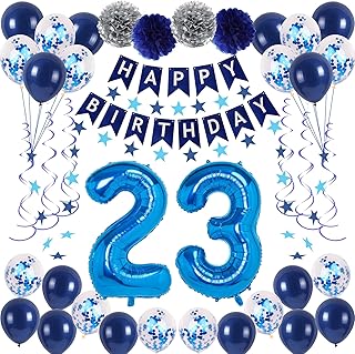 NANINUNENO 23rd Blue Birthday Party Decorations for Boy Girl Men Women, Happy 23 Birthday Balloons Supplies with Happy Birthday Banner,23 Number Balloons, Blue Star Streamers, Hanging Swirls