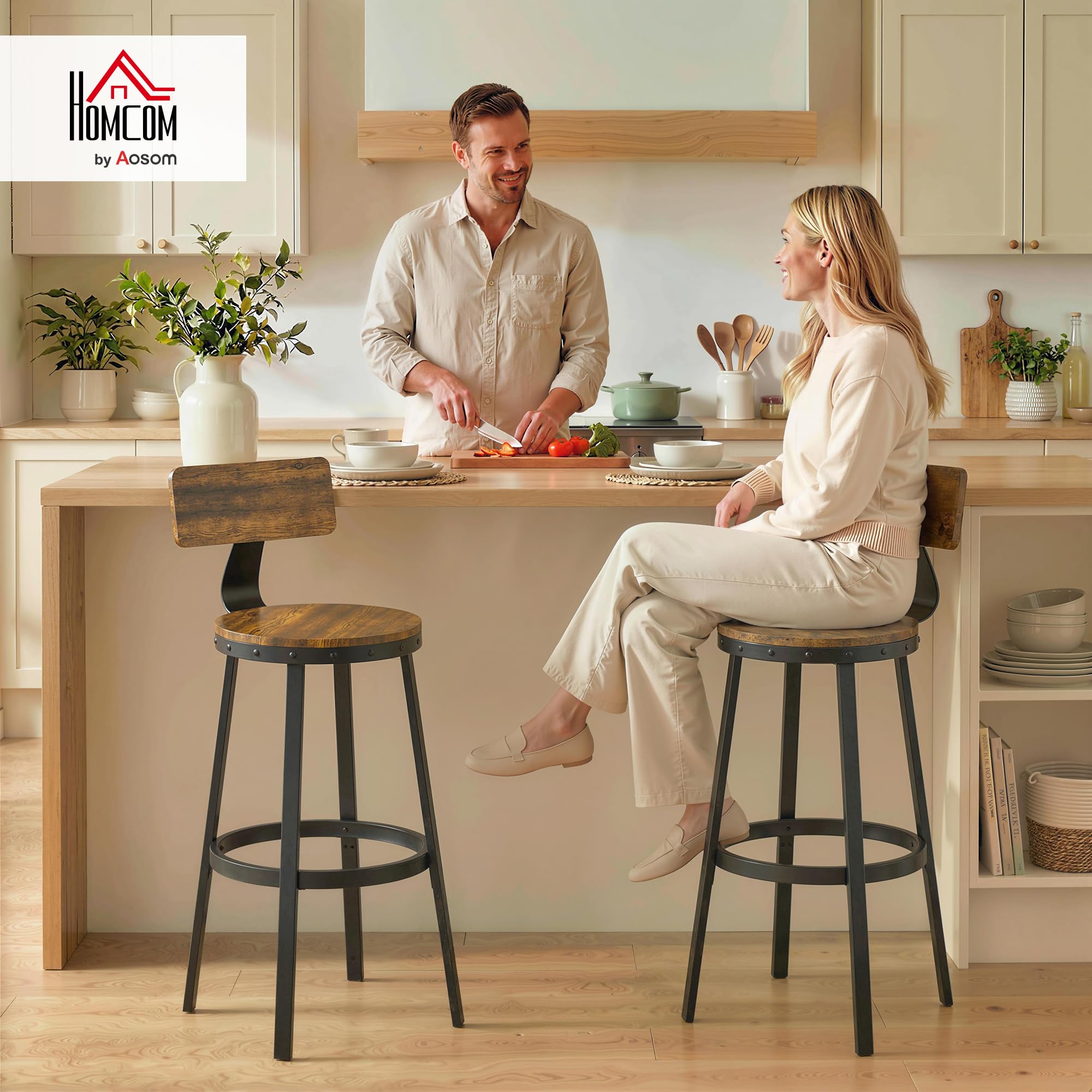HOMCOM Set 2 Sgabelli Bar Cucina, Schienale, 73.8cm, Marrone Rustico | Industriali, Poggiapiedi, Struttura in Metallo, Sedie Alte, per Penisola, Sala da Pranzo, Bancone