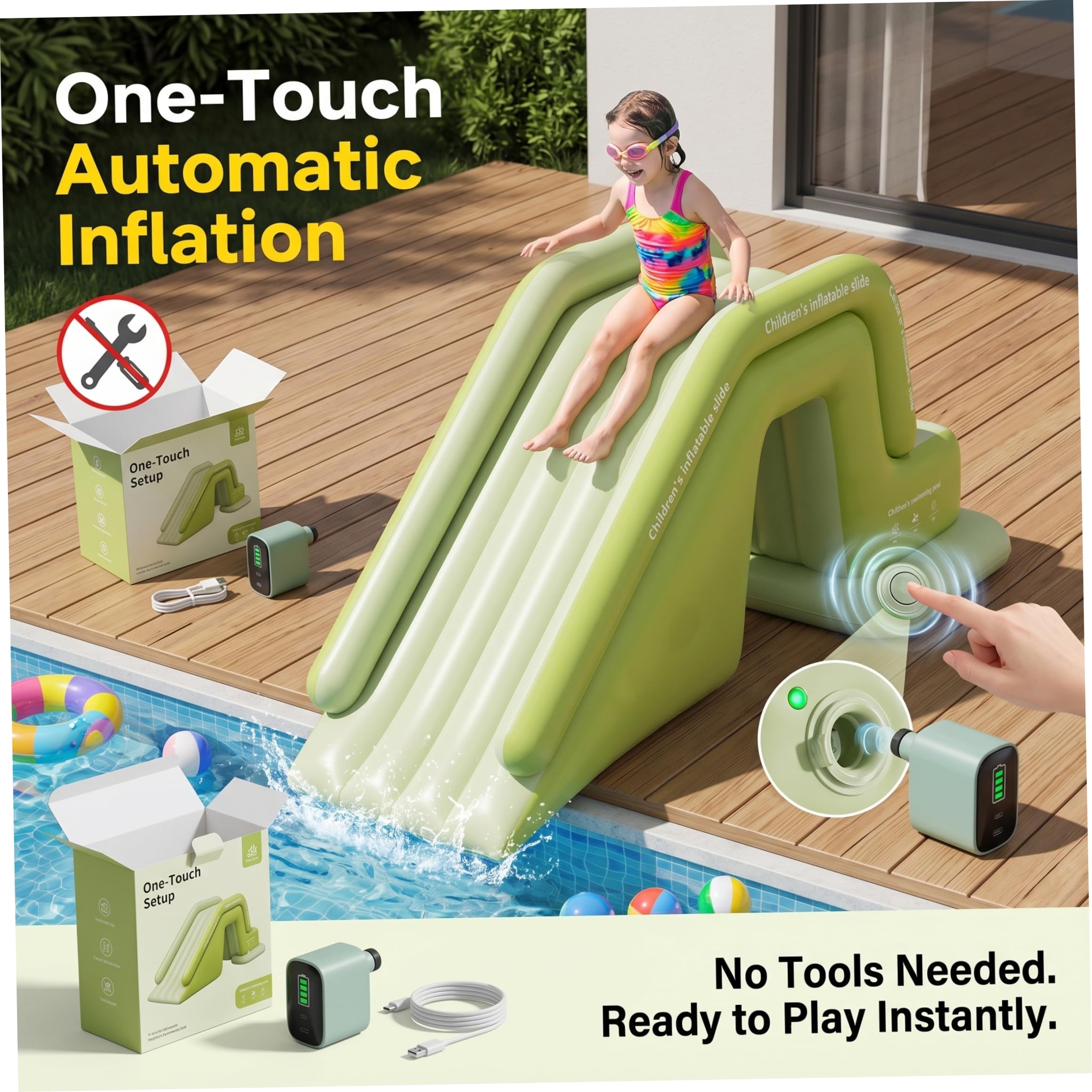 Aufblasbare Poolrutsche PVC-Poolrutsche für Aufstellpools selbstaufblasend 74 x 32 x 32 Zoll