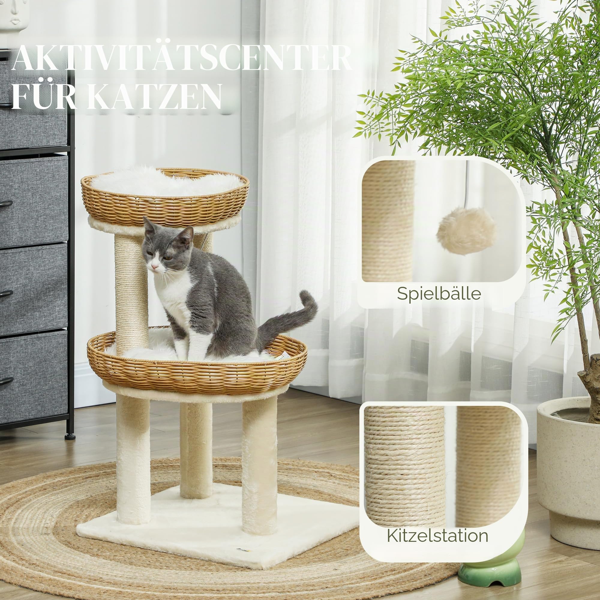 PawHut Kratzbaum, Kletterbaum, Höhe 75,5 cm, mit Zwei Katzenbetten aus Rattan, Kratzstangen, waschbaren Kissen, Spielzeugball, Beige