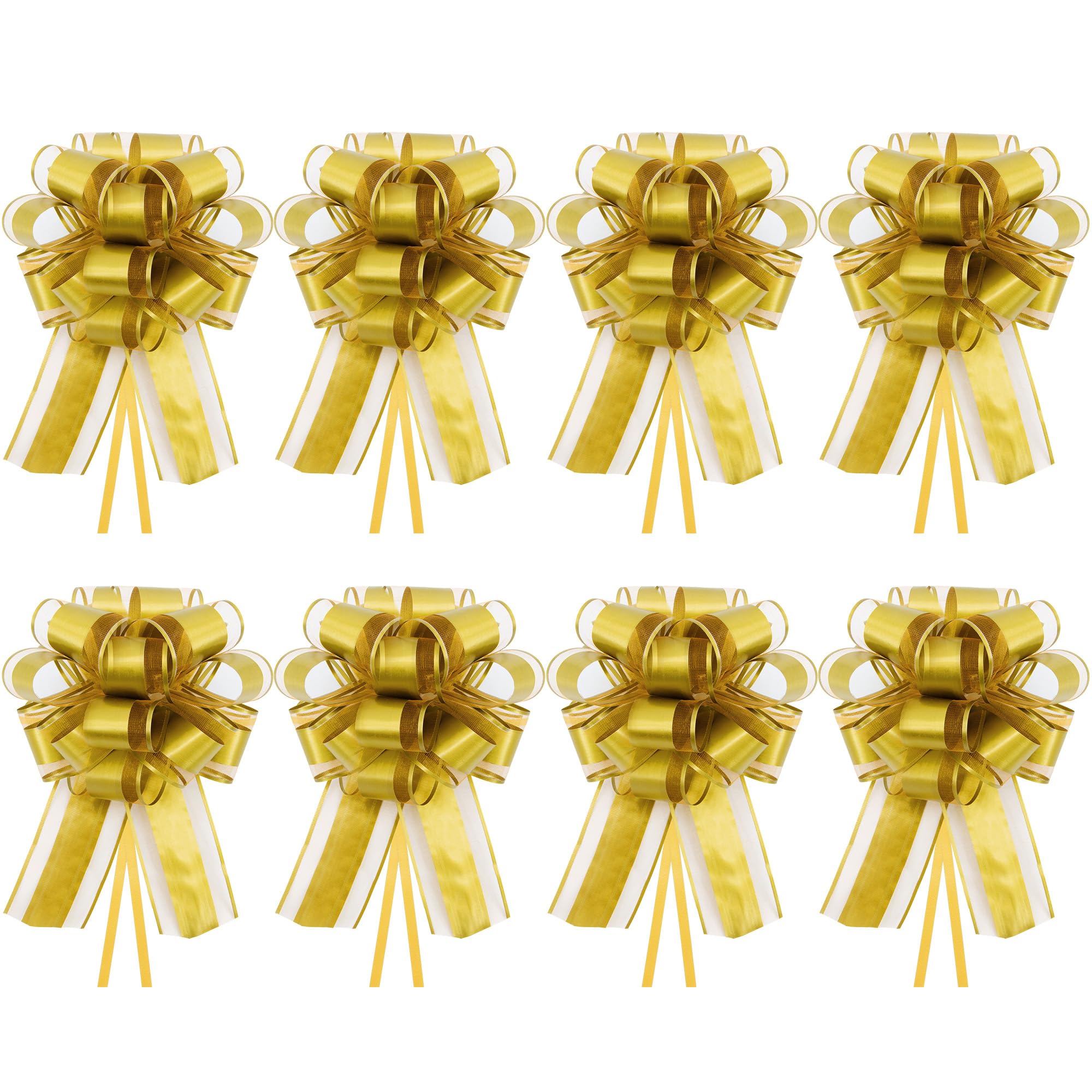 Time to Sparkle 8PCS Organza Pull Bows 17cm*22cm Gift Wrapping Bows Present with Ribbon Pull String for Christmas Baskets,Party Present,Holiday - Gold