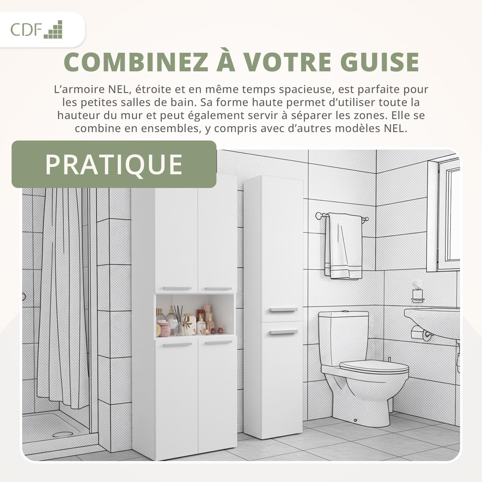 CDF Armoire Haute Salle de Bain Meuble Colonne de Salle de Bain Armoire de Rangement à 4 Portes avec Etagère Réglable pour Salon Cuisine - 60x30x174 cm Blanc - 1 Panier à Linge