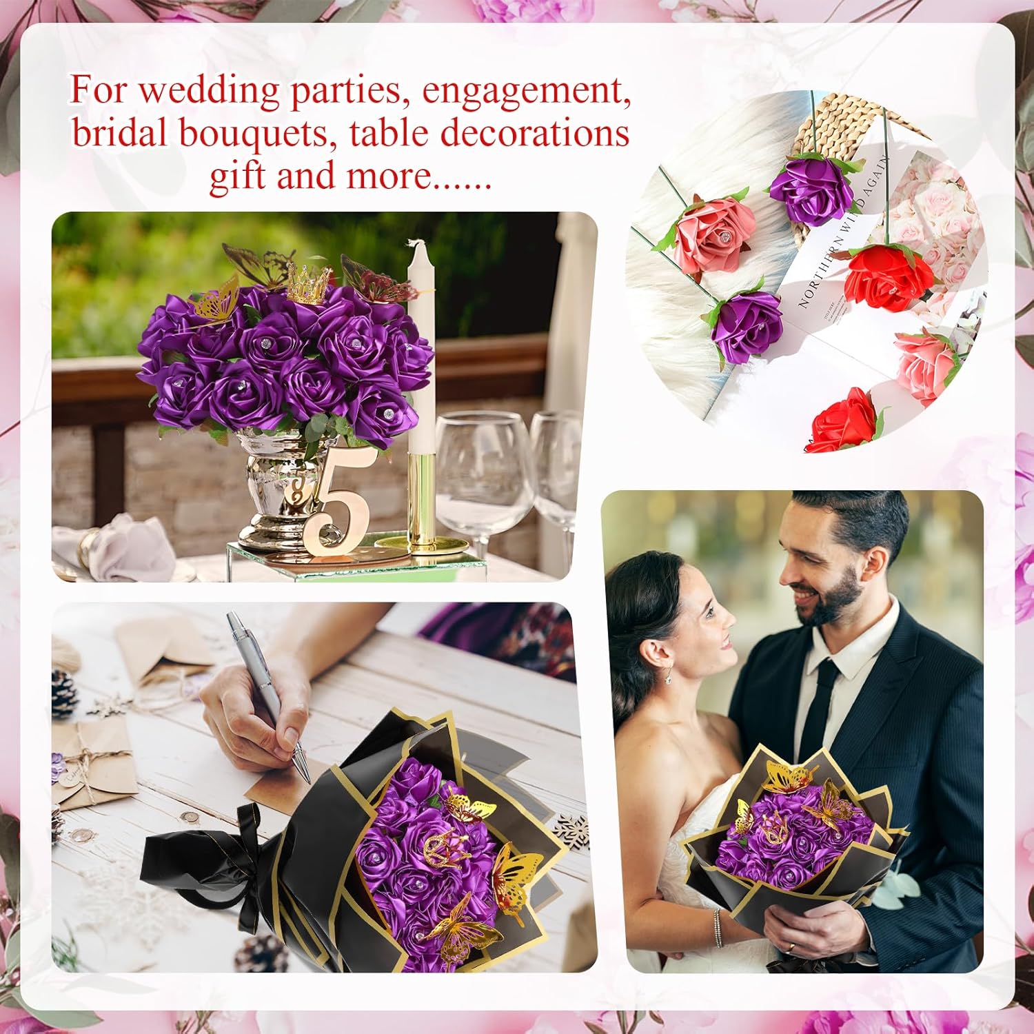 Riceshoot 25 Sets Ribbon Rose Bouquet DIY Fake Roses with Stems Faux Flowers Bouquet Kit Wrapping Paper Crown 3D Butterflies for Graduation Anniversary Birthday Wedding Gift(Purple) - Image 7