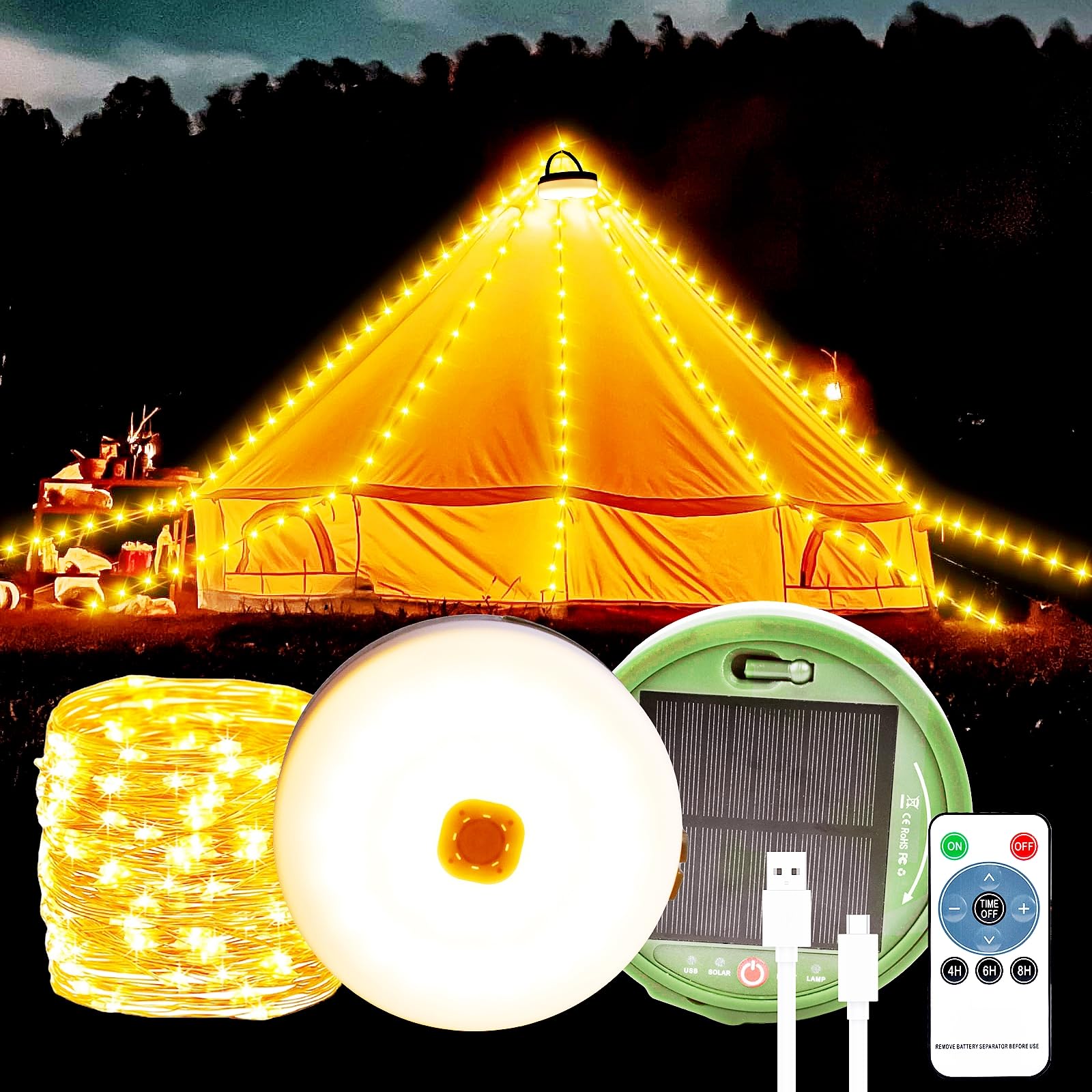 Brillistep Warm White Retractable Outdoor Solar Camping String Lights Reel 20m 200 LED Waterproof IP65, Camping Fairy Lights for Tents