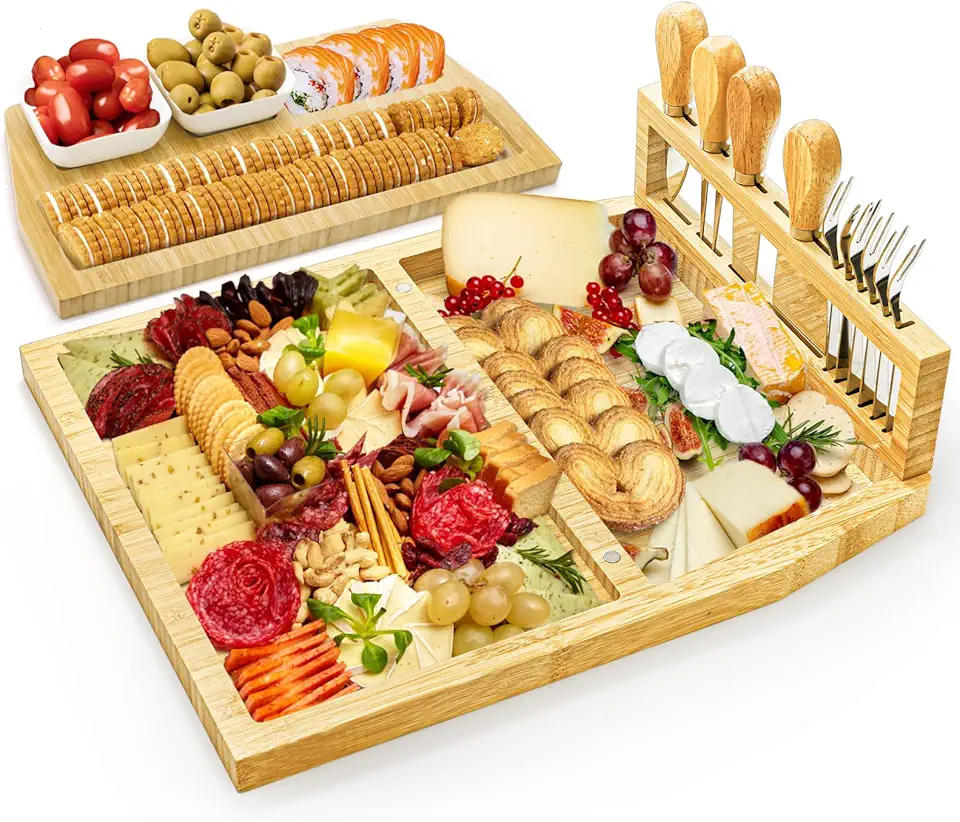 Charcuterie Cheese Boards Set, Bamboo Cheese Tray Platter with Knife Bowls, Lightweight Meat Cheese Board, Cheese Utensils Included, Unique Wedding for Couple