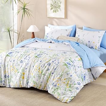 Yiran Blue Floral Comforter Set Queen/Full Size, 7 Piece Cute Comforters Bedding Set Watercolour Botanical Bed in a Bag Soft Lightweight Flower Complete Set with Sheets for Women Girls