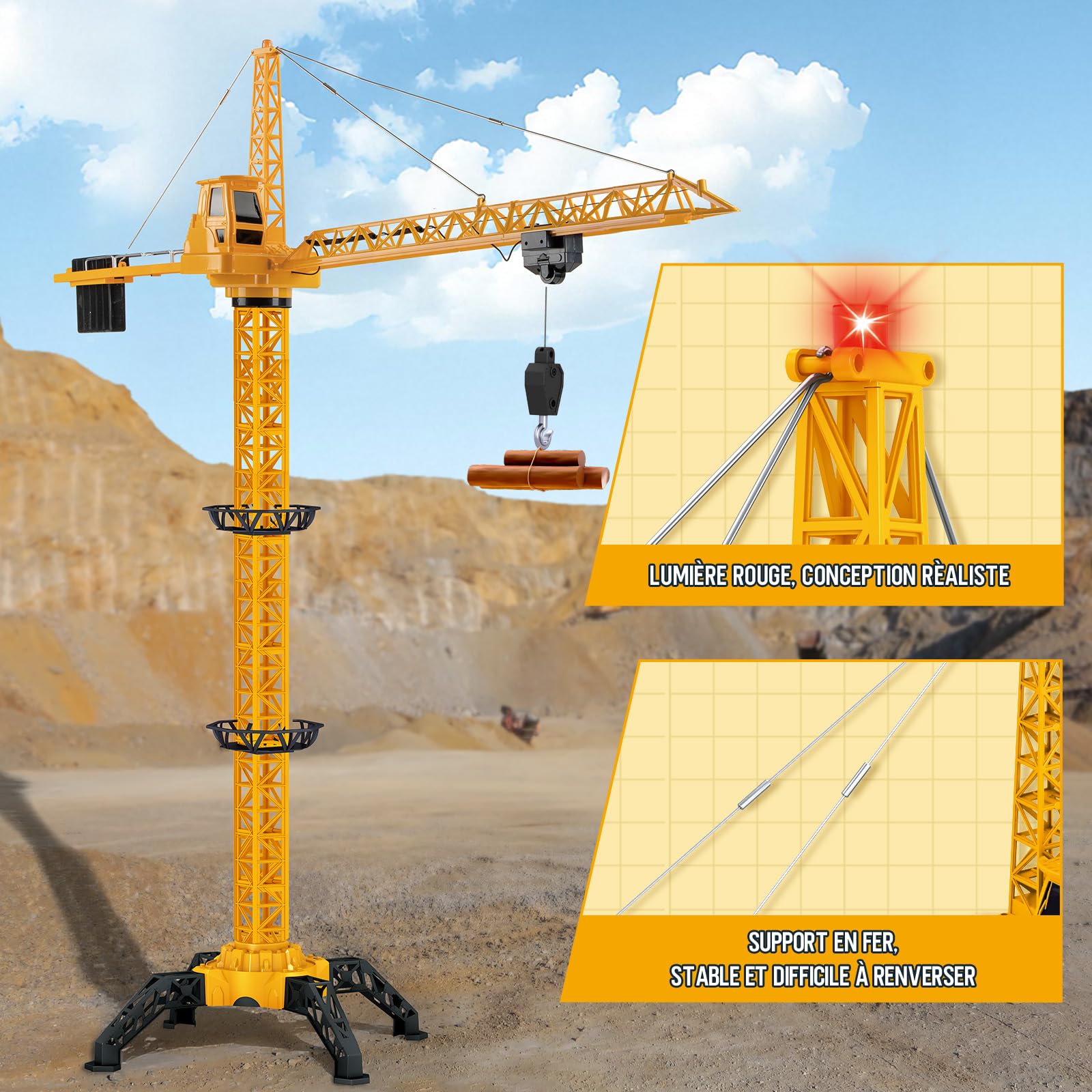 JONRRYIN Grue à Tour Télécommandée de Hauteur 138 cm, 6 Canaux 2,4 GHz RC Grue à Tour 680° Rotation, Jeu de Chantier Enfant avec Lumières pour Enfants Garçon (Jaune)