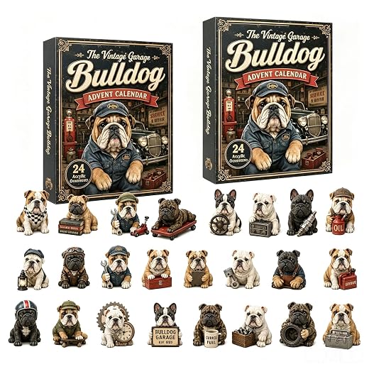 Vintage Garage Bulldog Advent Calendar 2026, 24 Days of Bulldog Ornament, Christmas Advent Calendar with Classic Garage Theme, Dog Advent Calendar 2026 Gift for Dog Lovers (2pcs)