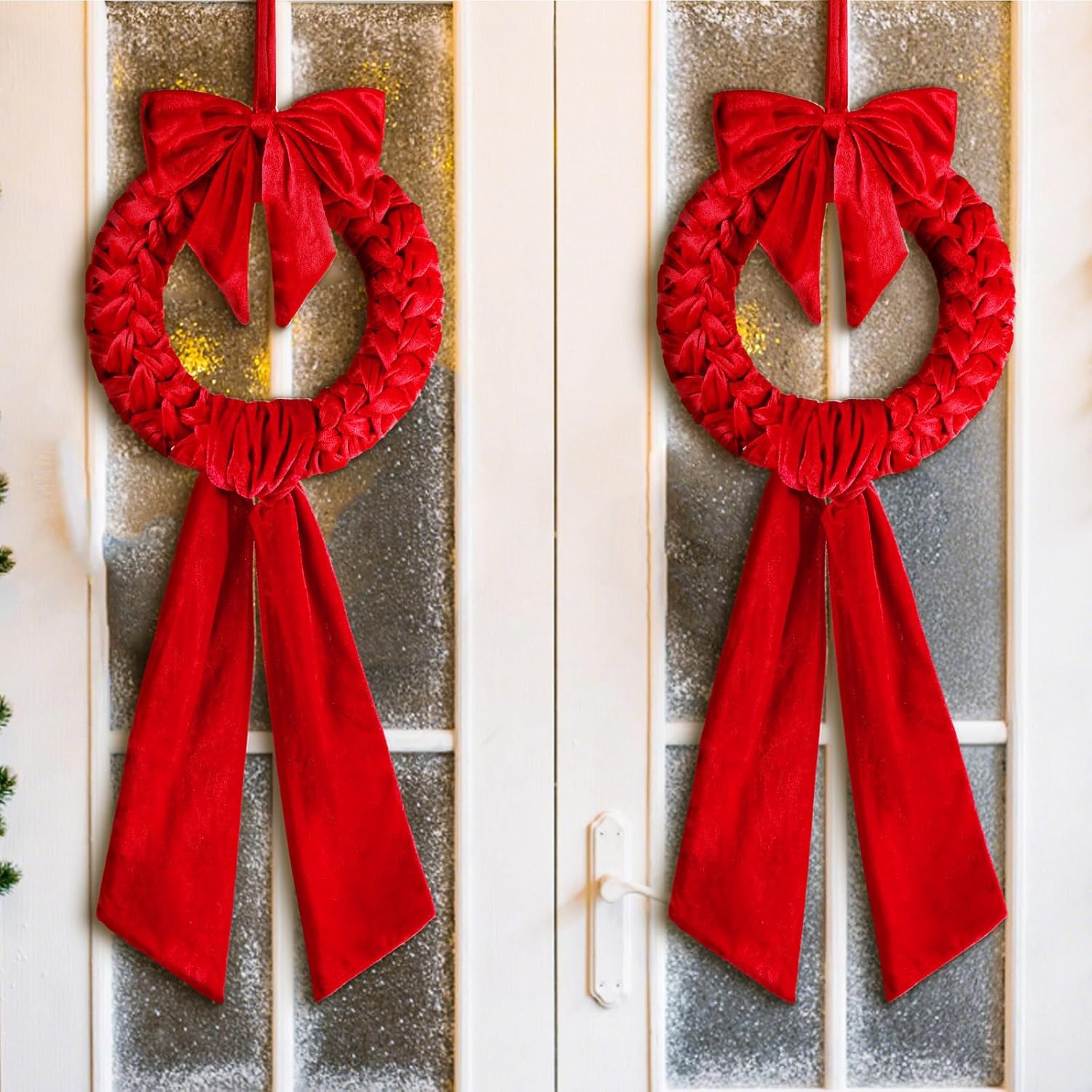 4 Pcs/2 Set 12'' Red Christmas Velvet Wreath with Sash and Bow Christmas Wreath for Front Door Xmas Velvet Decor Ornament for Outdoor Party Table Fireplace Porch Wall Holiday Home Yard