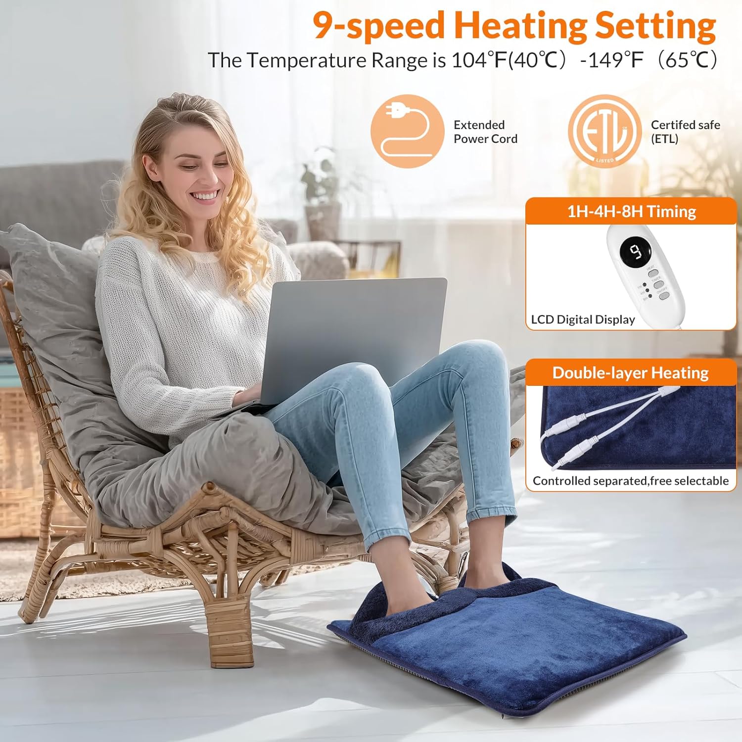 Electric Foot Warmer with Dual Heating Elements & Full Surround; Foot Warmers for feet with Fast Heating & Auto Shut Off; 9 Heat Settings & Machine Washable; Portable for Office, Home (Navy)