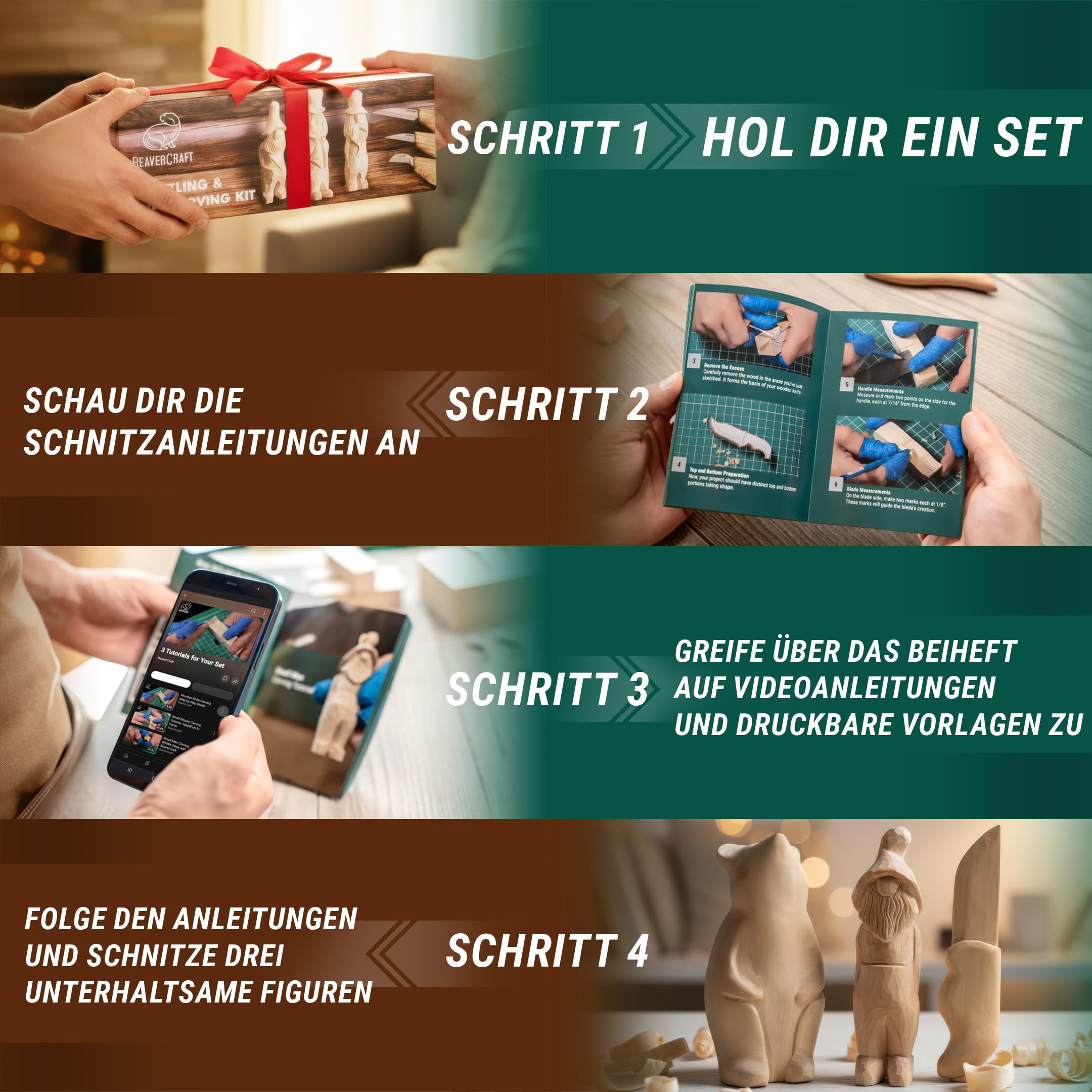 BeaverCraft Holzschnitzmesser-Set S15, Schnitzset für Anfänger, Kinder – Holzschnitzwerkzeug-Set mit detailliertem Spanmesser, Sloyd-Schnitzmessern und Lederstreichriemen, Poliermittel und Tutorials