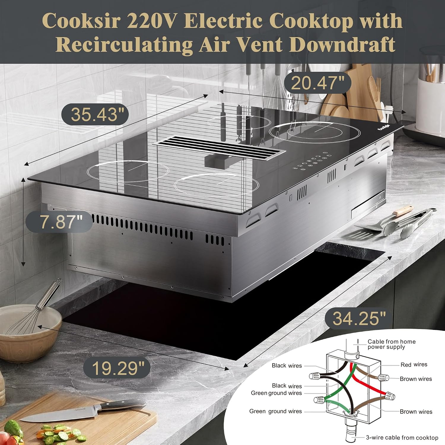 36 Inch Electric Cooktop with Downdraft - 4 Burner Built-in Electric Stove 7400W, 36 Inches Electrical Stove Downdraft Range Hood, Timer, Safety Lock, BBQ Bridge Burner, Recirculating Air Vent